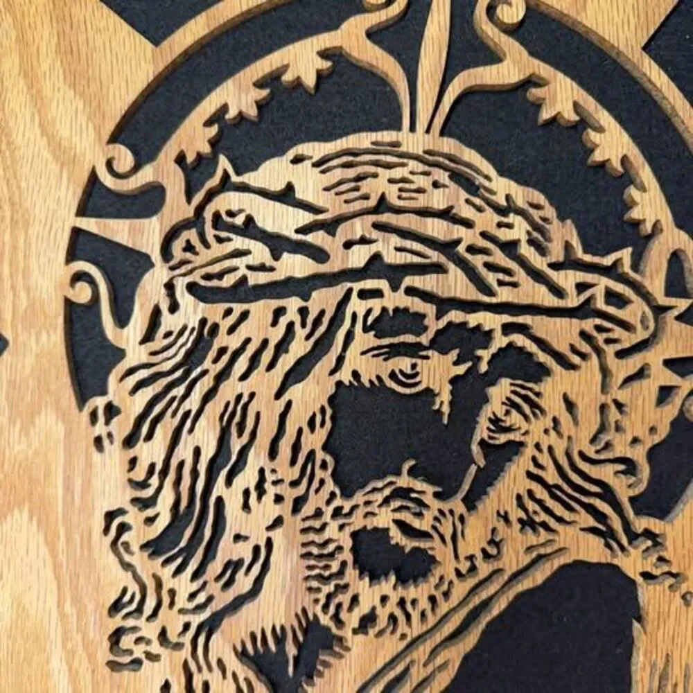 Handcrafted Wooden Scroll Saw Art - Jesus with Crown of Thorns 13”x14”